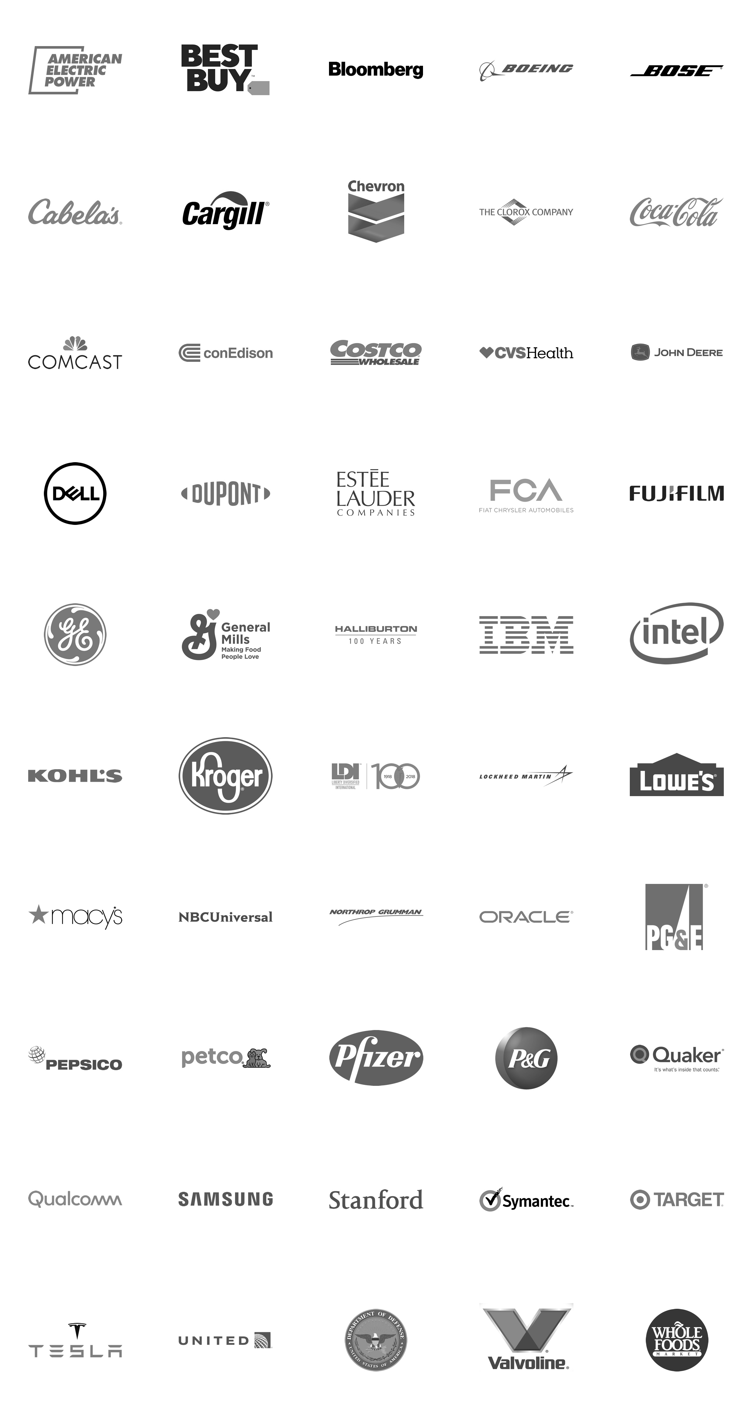 American Electric Power Co. Inc., Best Buy Co. Inc., Bloomberg LP, Boeing Co., Bose Corp, Cabela's Inc., Cargill Inc, Chevron Corp, Clorox Co., Coca-Cola Co., The, Comcast Corp, Con Edison, Costco Wholesale Corp, CVS Health Corp, Deere & Co, Dell Inc, DuPont Co, Estee Lauder Co'.s Inc., Fiat Chrysler Automobiles NV, FUJIFILM Holdings America Corp, General Electric Co, General Mills Inc, Halliburton Energy Services Inc, IBM Corp, Intel Corp, Kohl's Corporation, Kroger Co., The, Liberty Diversified International Inc, Lockheed Martin Corp, Lowe's Co.'s Inc, Macy's Inc, NBCUniversal Inc, Northrop Grumman Corp, Oracle Corp, Pacific Gas & Electric Corp, PepsiCo Inc, Petco Holdings Inc, Pfizer Inc, Procter & Gamble Co, Quaker Chemical Corp, Qualcomm Inc, Samsung, Scotts Miracle-Gro Co., Stanford University, Symantec Corp, Target Corp, Tesla Inc, United Airlines Inc, United States of America Department of Defense, United Technologies Corp, Valvoline Inc, Westinghouse Electric Corp, Whole Foods Market Inc.